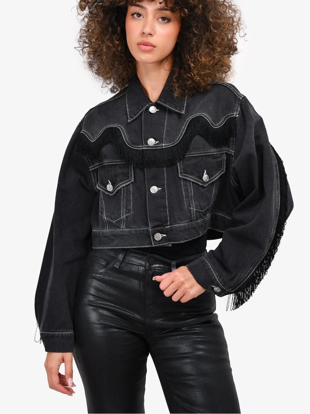 GANNI Rienzi Denim Jacket with Fringe Washed Black Size 38